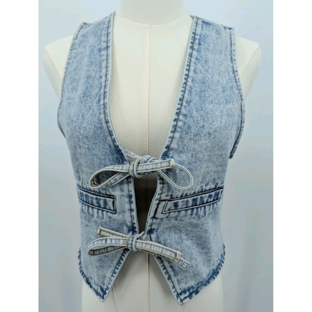 Vintage Jeans Brand Light Wash Tie Denim Vest Size Small Western Festival Boho